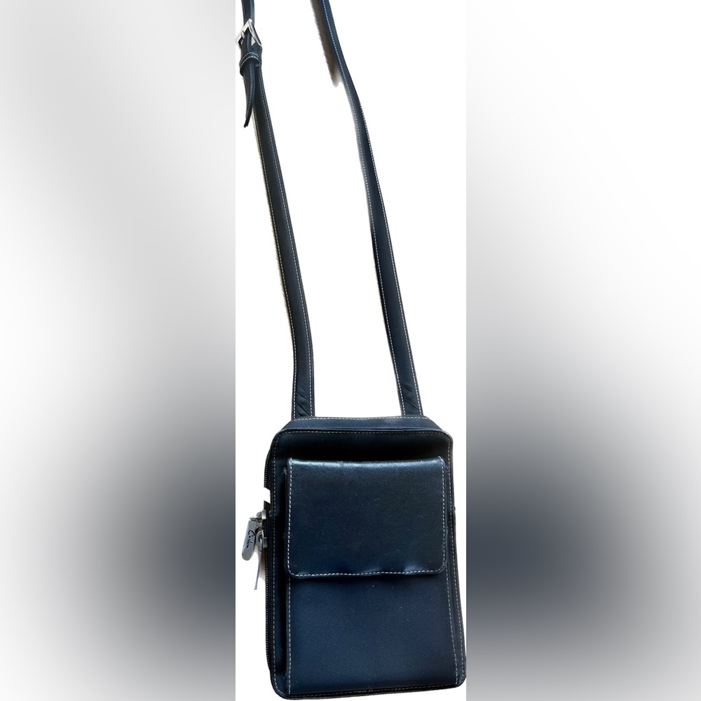 Caslon Small Black Cross Body Bag.  Blk vinyl with leather front flap